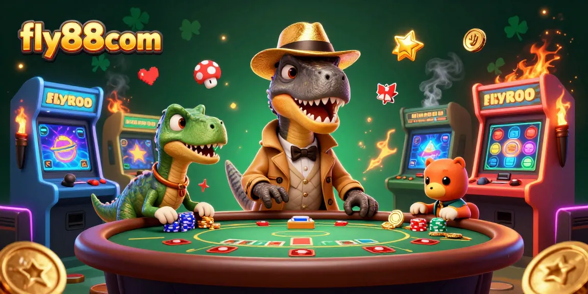 Experience thrilling gameplay at fly88com with cartoon dinosaurs at a lively blackjack table.