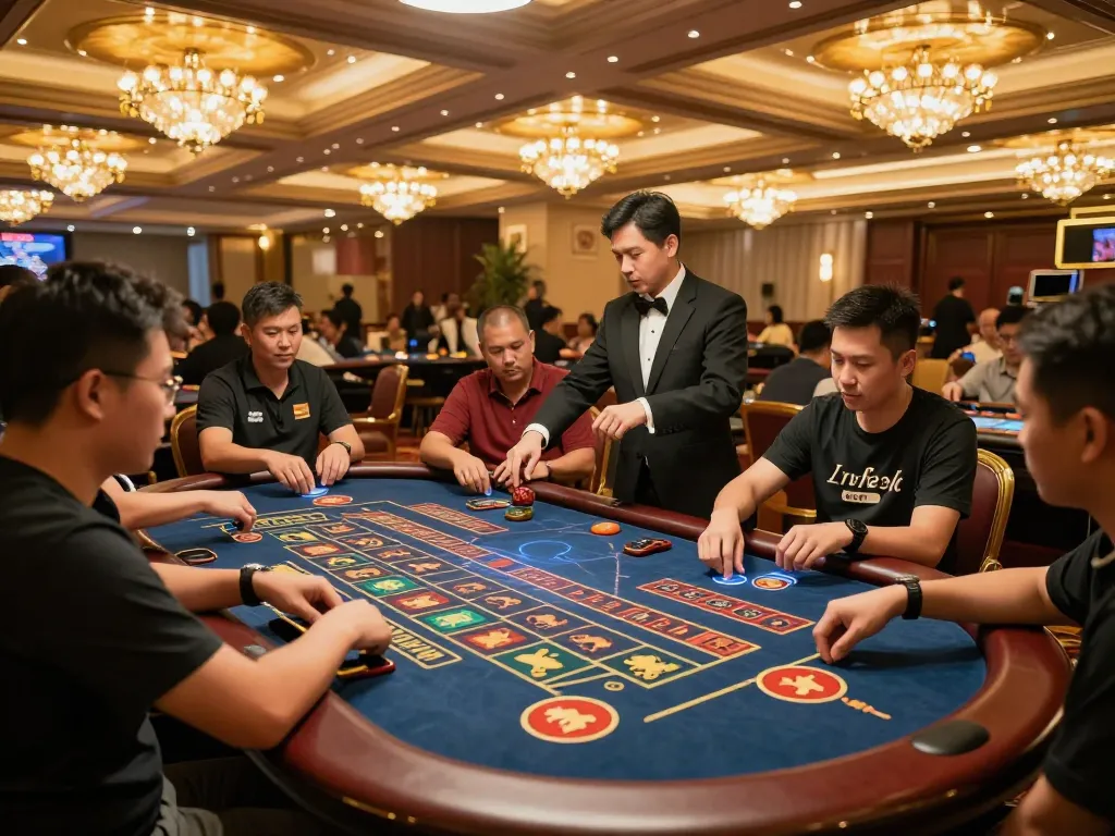 Engaged players at a น้ำเต้าปูปลา table in a luxurious casino, betting on animal symbols in an exciting game.