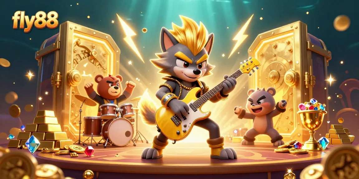 Experience the vibrant energy of fly88 with a rock star wolf shredding on guitar amidst a dazzling casino backdrop.