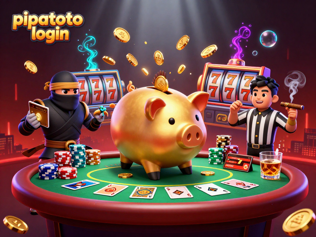 Pipatoto login showcases a dynamic casino scene with characters engaging in games and vibrant elements.