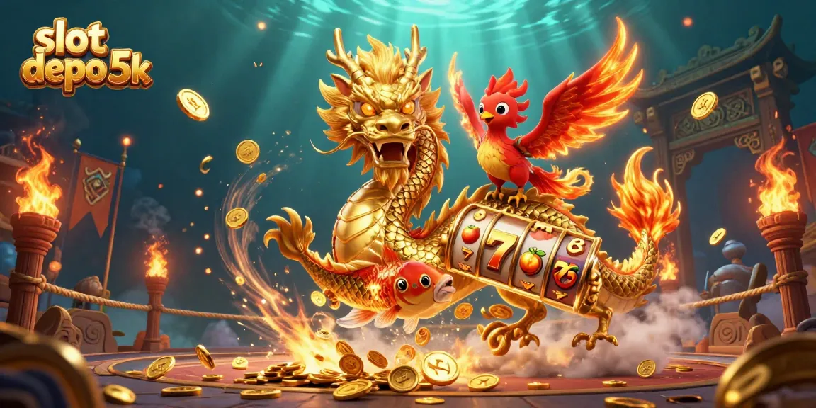 Permainan slot depo 5k menampilkan naga emas dan ikan koi berkilauan di tengah koin emas.