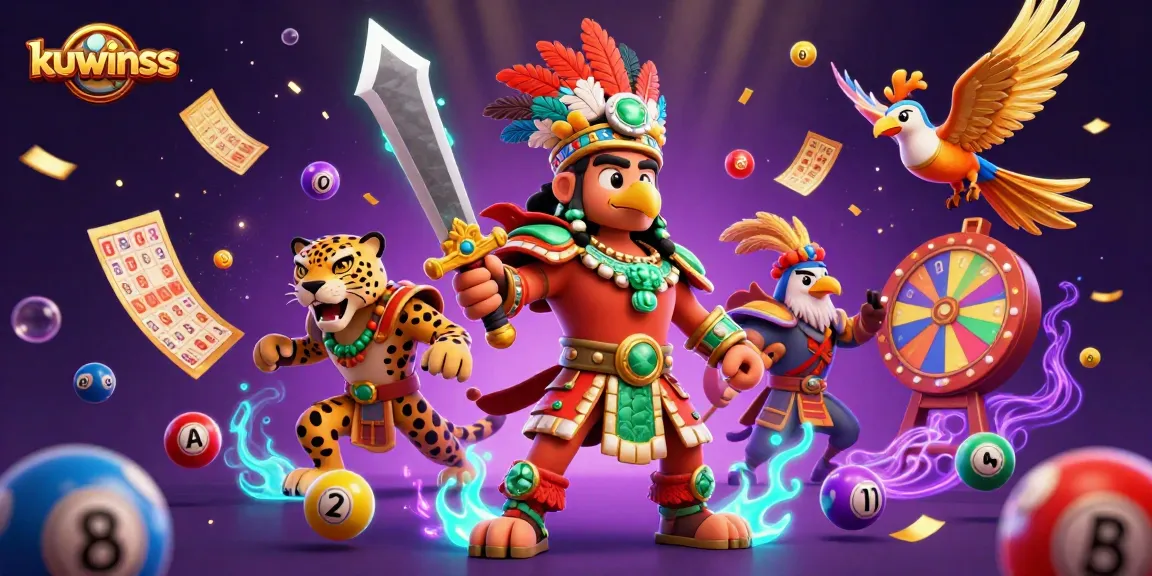 Kuwinss showcases a vibrant 3D cartoon scene filled with exciting gambling elements like lottery balls, bingo cards, and golden tickets.