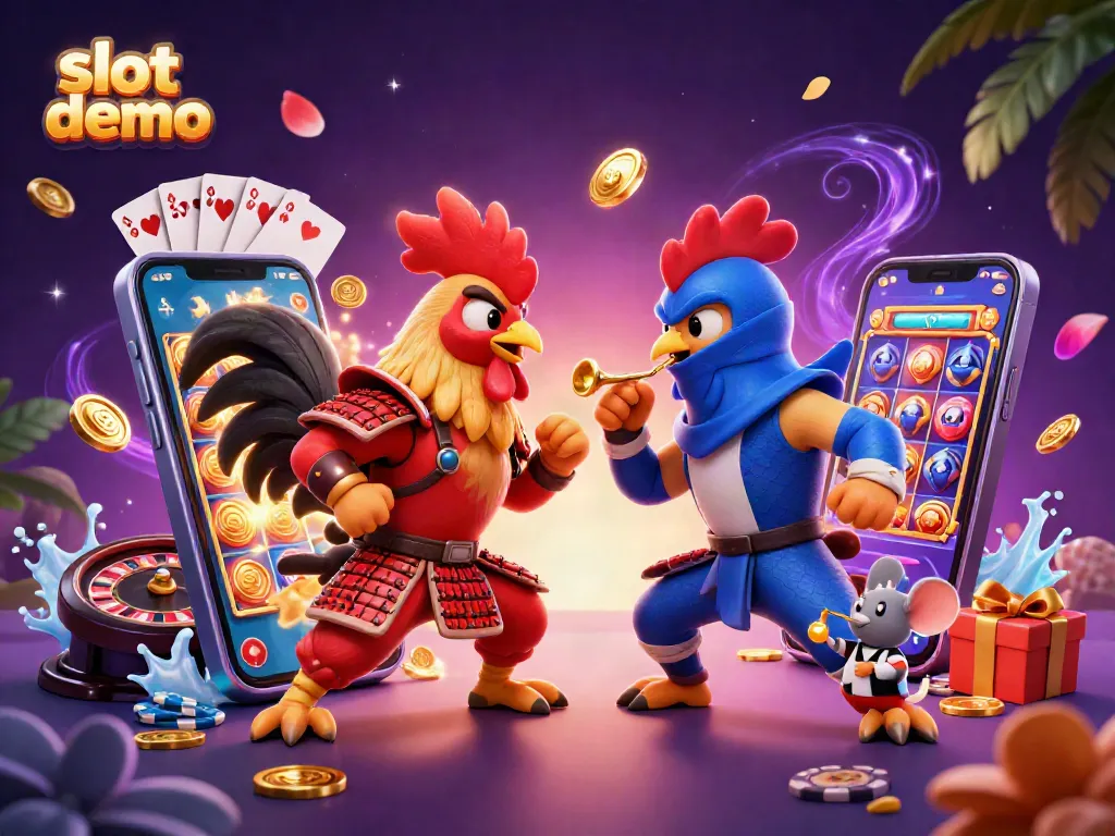Mainkan slot demo dengan roosters bertarung dan elemen kasino di latar belakang warna-warni.