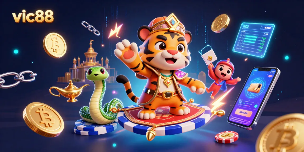 Explore the thrilling casino world of vic88 with a vibrant illustration showcasing gambling excitement.