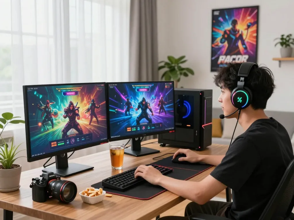 Exciting online gaming scene with a player enjoying slot gacor on dual screens, surrounded by gaming gear and vibrant atmosphere.