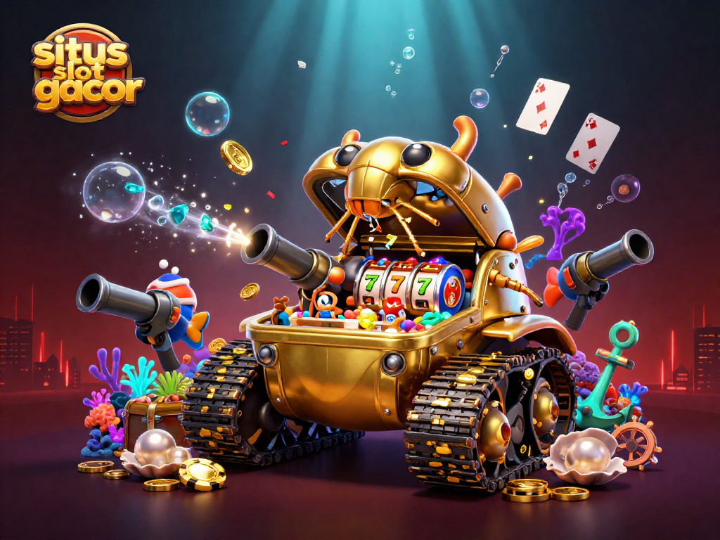 Engaging illustration of situs slot gacor featuring a golden beetle tank revealing a detailed casino scene