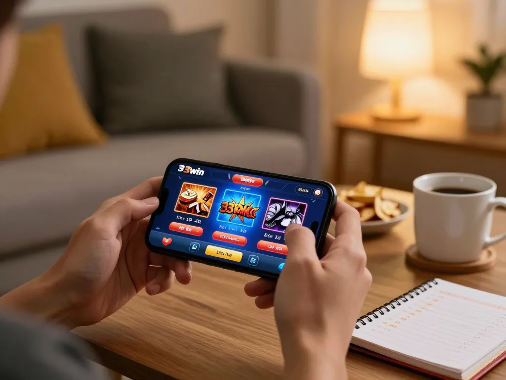 Engaging in mobile gaming on the 33win app in a cozy home setting