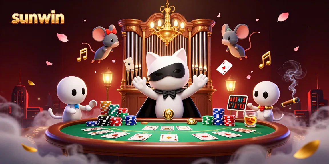 Experience thrilling action at Sunwin casino with a vibrant 3D gaming scene featuring lively characters and poker elements.