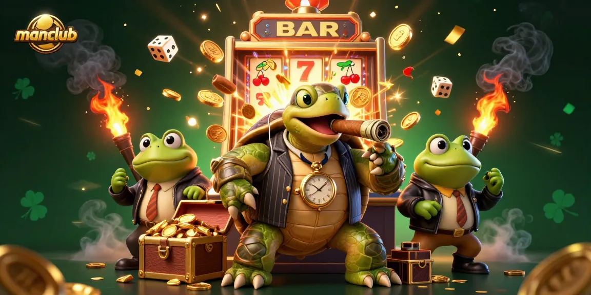 Join the excitement at Manclub with a vibrant illustration of a casino scene featuring a snapping turtle and bullfrog enforcers.