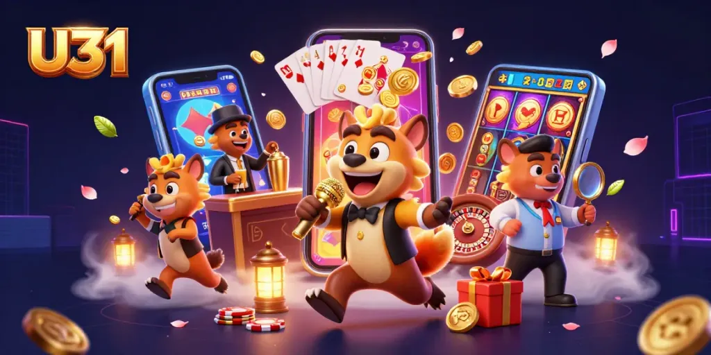 Engage in thrilling casino fun with U31 as cartoon hyenas entertain at a vibrant comedy club.