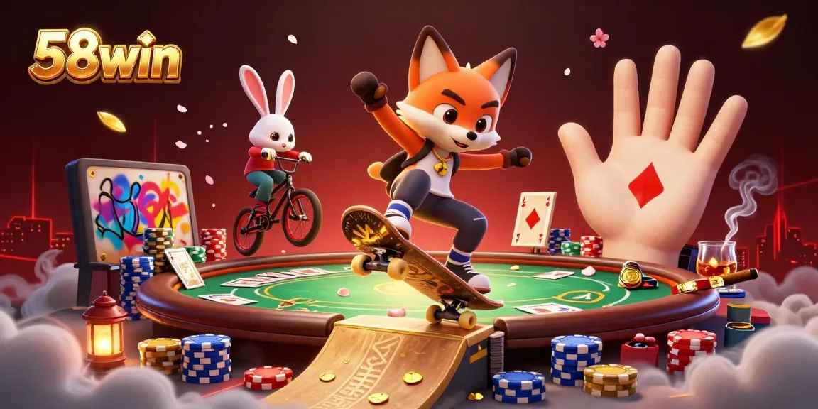 Experience thrilling gaming at 58win with a dynamic 3D cartoon scene showcasing casino excitement.