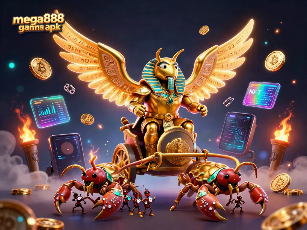 Engage with the mega888 game apk through a vibrant 3D illustration featuring golden beetles and casino elements.