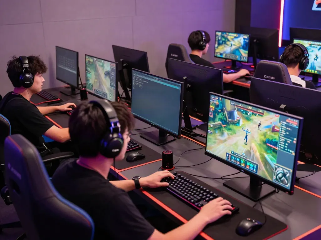 Group of gamers in a high-tech setting, showcasing competitive gameplay with akunjp branding.