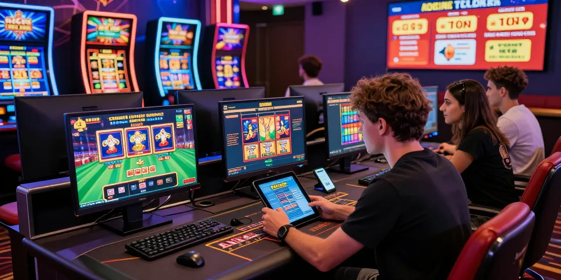 Interactive scene showcasing players at online casinos Australia, featuring diverse gaming activities and vibrant entertainment elements.