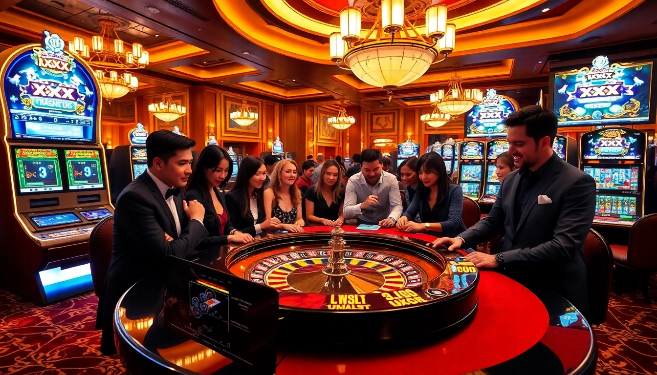 A captivating casino scene featuring XX88 branding, showcasing players at the roulette table and slots.