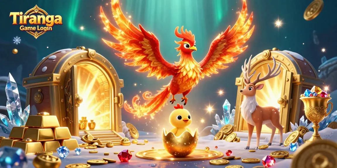 Tiranga Game Login with vibrant phoenix and mystical stag amidst treasure, showcasing thrilling online gaming atmosphere.