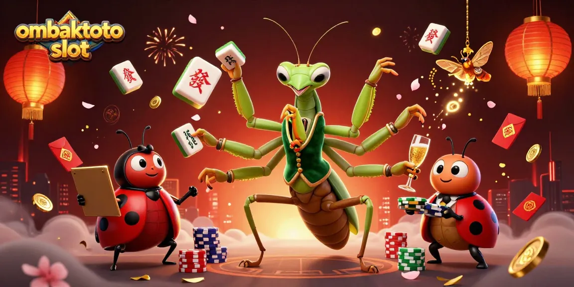 Experience the fun of ombaktoto slot with vibrant characters and rich casino elements in a lively illustration.