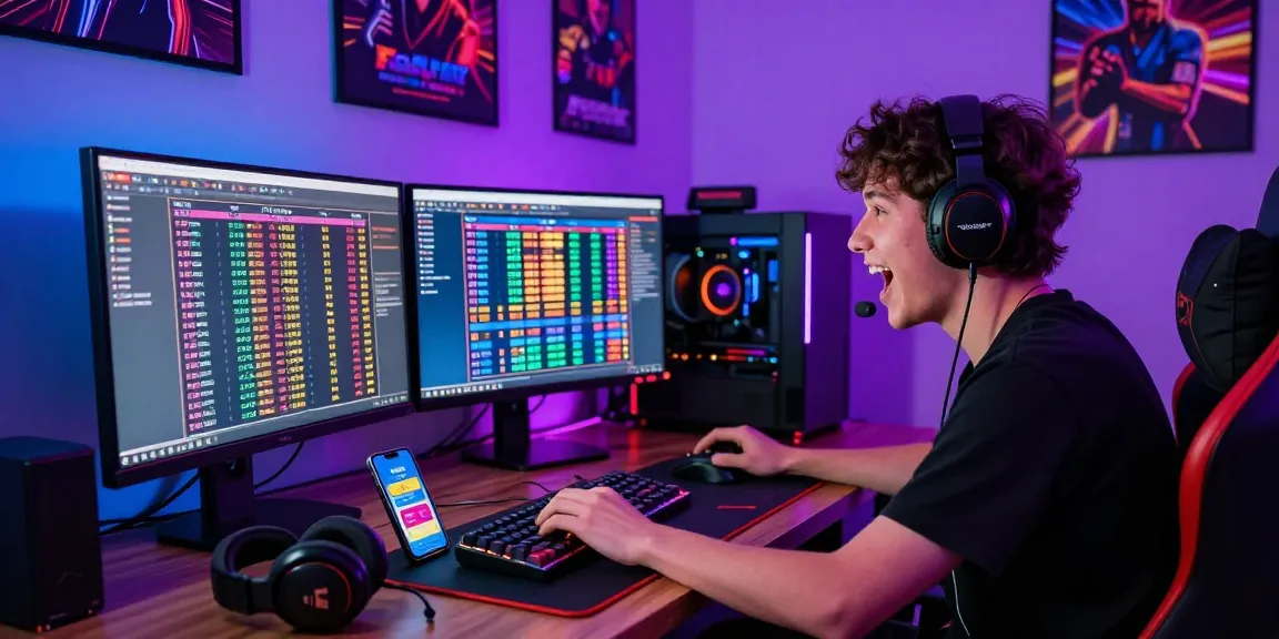 Gamer engaged in Togel gaming with colorful monitors and vibrant LED lights.