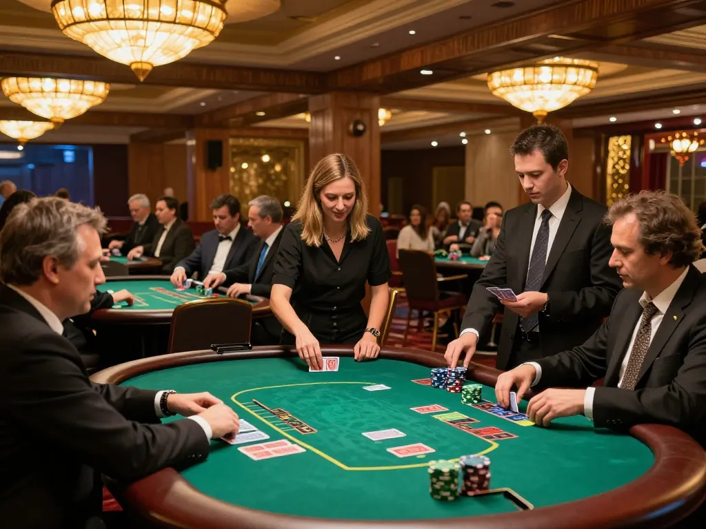 Engaged players at Gameradar blackjack tables place strategic bets in a vibrant casino.