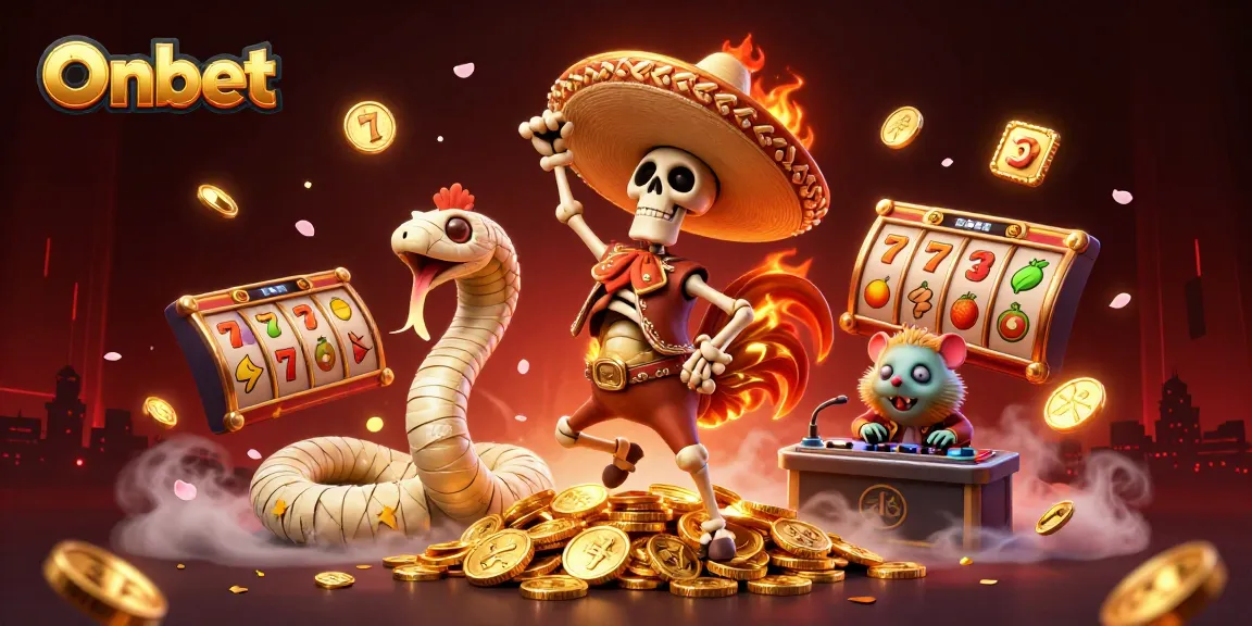 Onbet showcases vibrant 3D cartoon characters in an engaging casino scene filled with slot reels and golden coins.