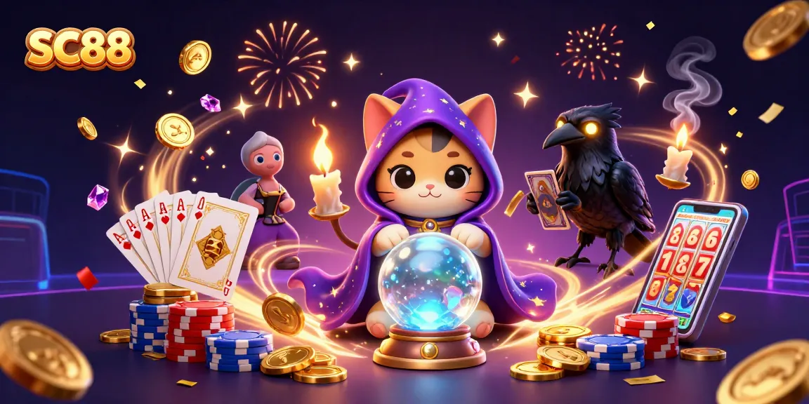 Experience SC88 with a mystic cat and raven amidst vibrant casino elements and energy.