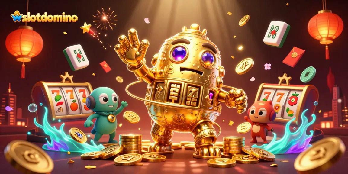 Memenangkan jackpot di wslotdomino dengan golem emas dan simbol mesin slot berkilauan.