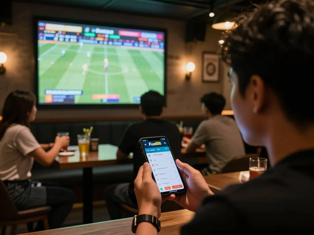 Engaging sports betting moment with Fun88 com app at a lively bar