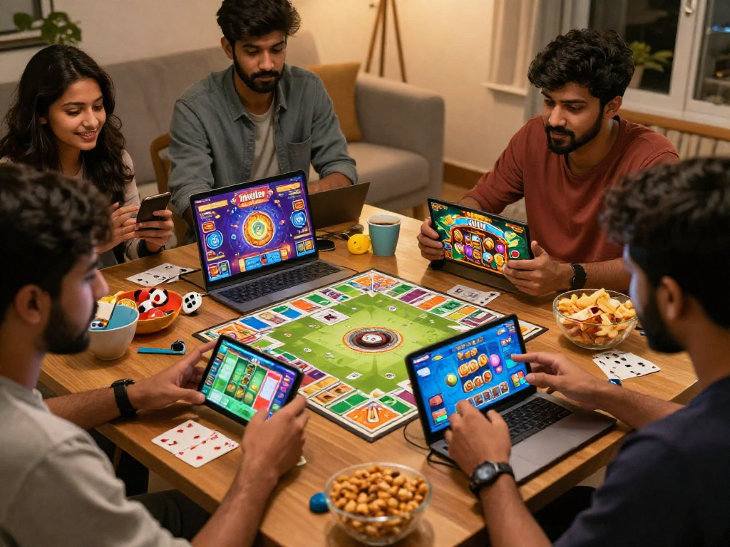 Indo Rummy players enjoying a lively gaming session with colorful screens and vibrant game graphics in a cozy environment