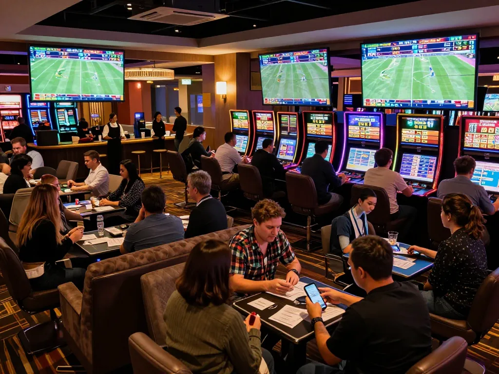 Soi kèo insights highlighted by excited sports bettors analyzing odds in a lively casino lounge.