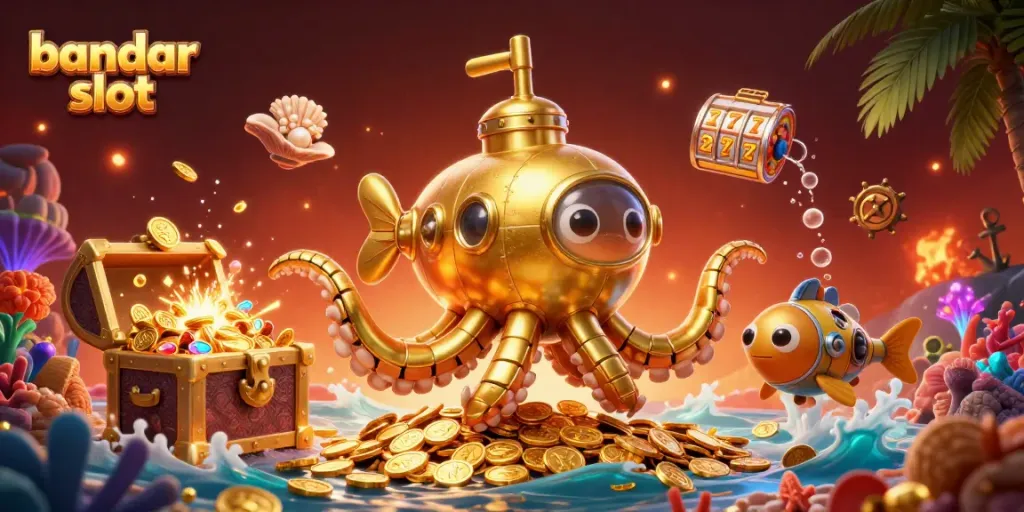 Ilustrasi slot bandar slot dengan gambaran karakter kraken emas dan koin melimpah.