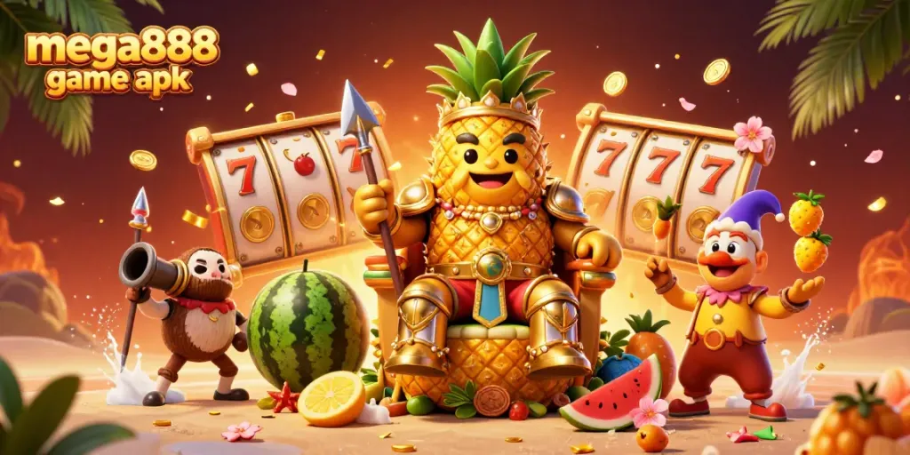 Play the mega888 game apk featuring unique casino characters and vibrant decorations in a digital illustration.