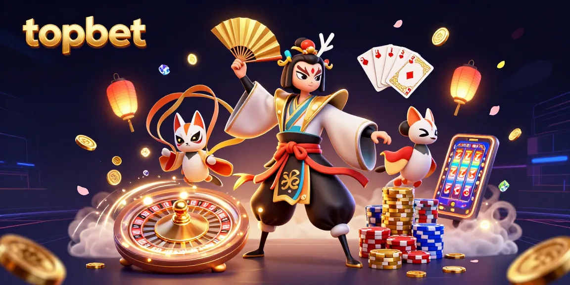 Topbet's kabuki warrior and kitsune character celebrate massive wins in a dazzling casino scene.
