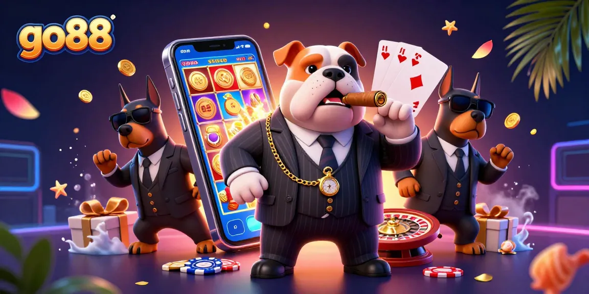 Engage in thrilling gaming with go88 featuring a 3D bulldog mafia boss amidst exciting casino elements.