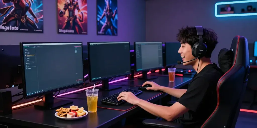 Gamer immersed in Singatoto online gaming with vibrant setup.