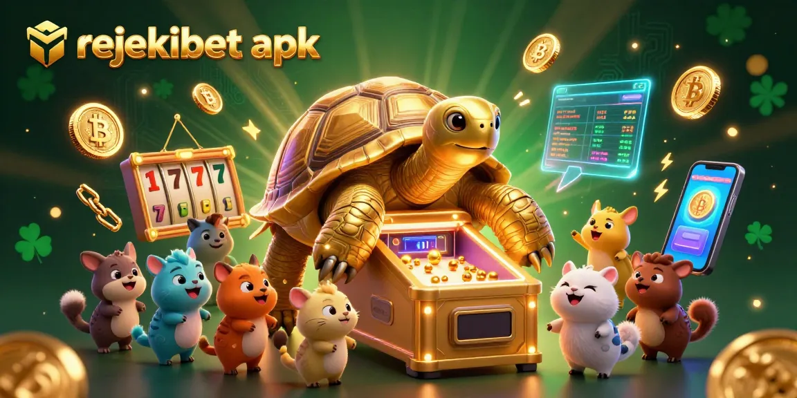 Play thrilling games with rejekibet apk featuring a playful golden tortoise and vibrant casino elements.