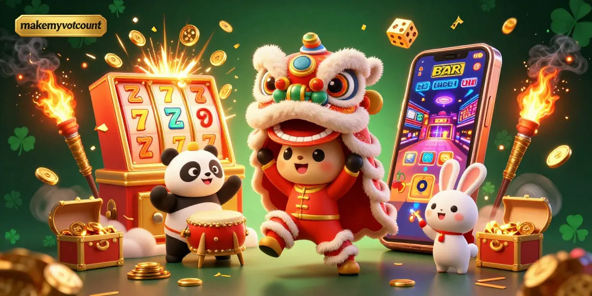 Engage with makemyvotecount in a vibrant 3D casino scene featuring a lion dance, slots, and golden treasures.