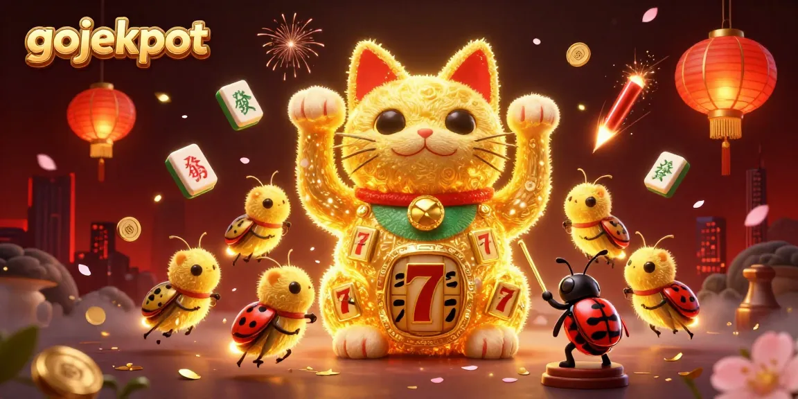 Experience the excitement of gojekpot as golden fireflies form a lucky cat amidst casino symbols in this vibrant illustration.
