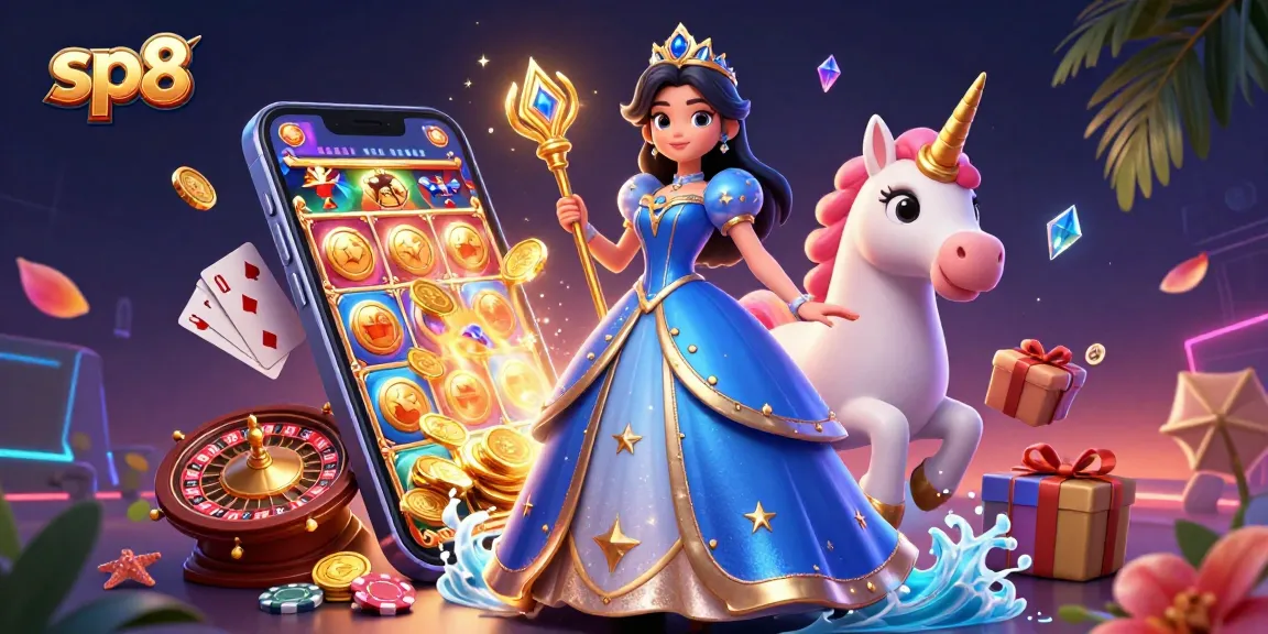 Spin the reels with sp8 in a vibrant casino world featuring a luxurious woman and a unicorn.