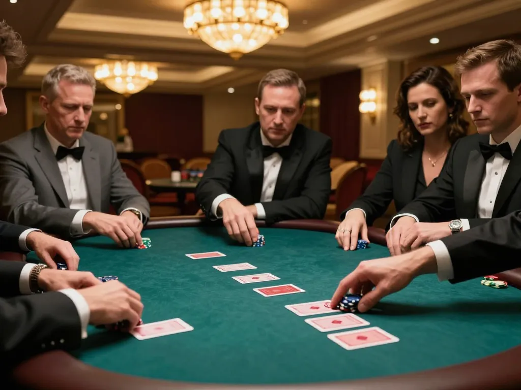 Intense poker gameplay with players strategizing at an upscale table, reflecting HM88's thrilling casino experience
