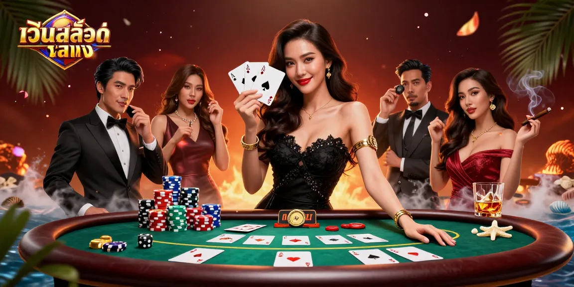 Experience the excitement of เว็บสล็อตตรง with a stunning casino scene featuring an elegant woman holding winning poker cards.