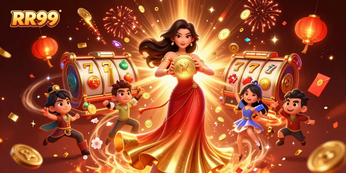 RR99 engages players with dynamic slot reels, golden coins, and vibrant casino elements.