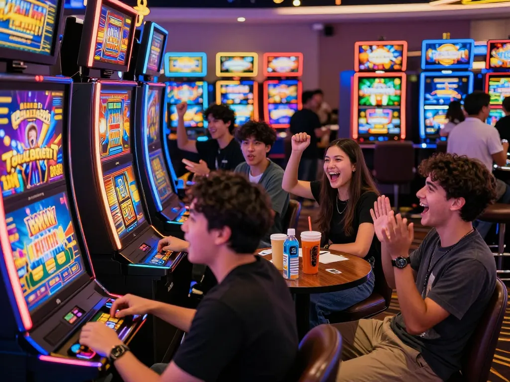 Scene permainan slot gacor hari ini yang menarik dengan pemain di mesin slot yang cerah di suasana kasino yang hidup.