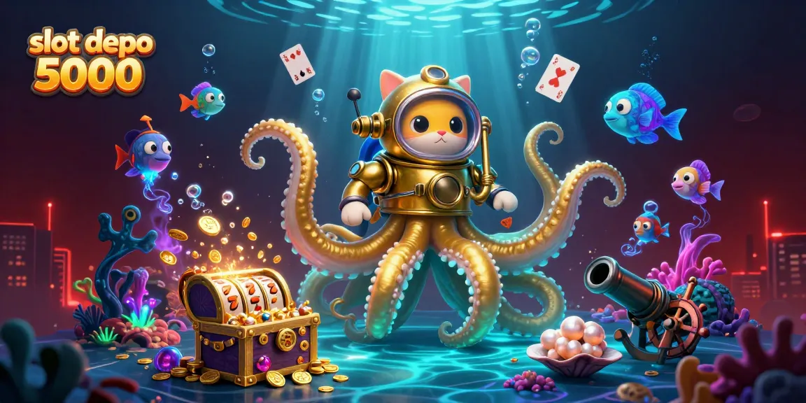 Win big at slot depo 5000 with this vibrant 3D illustration of a kraken and diving cat amid a treasure-filled ocean.