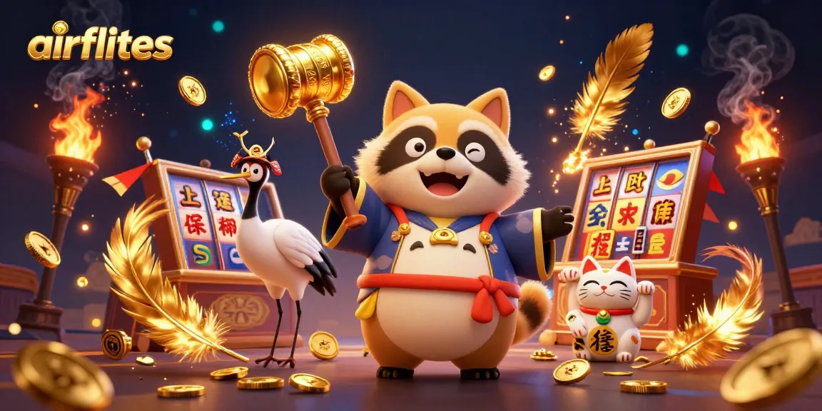 Airflites showcases a dynamic gambling scene with cheerful tanuki and lucky symbols surrounding slots.