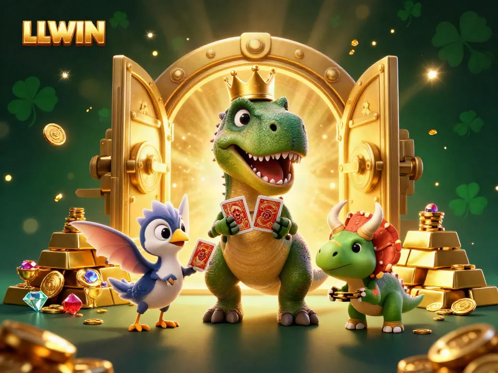 LLWIN showcases a friendly T-Rex card shuffling while surrounded by treasures and vibrant riches in a casino setting.