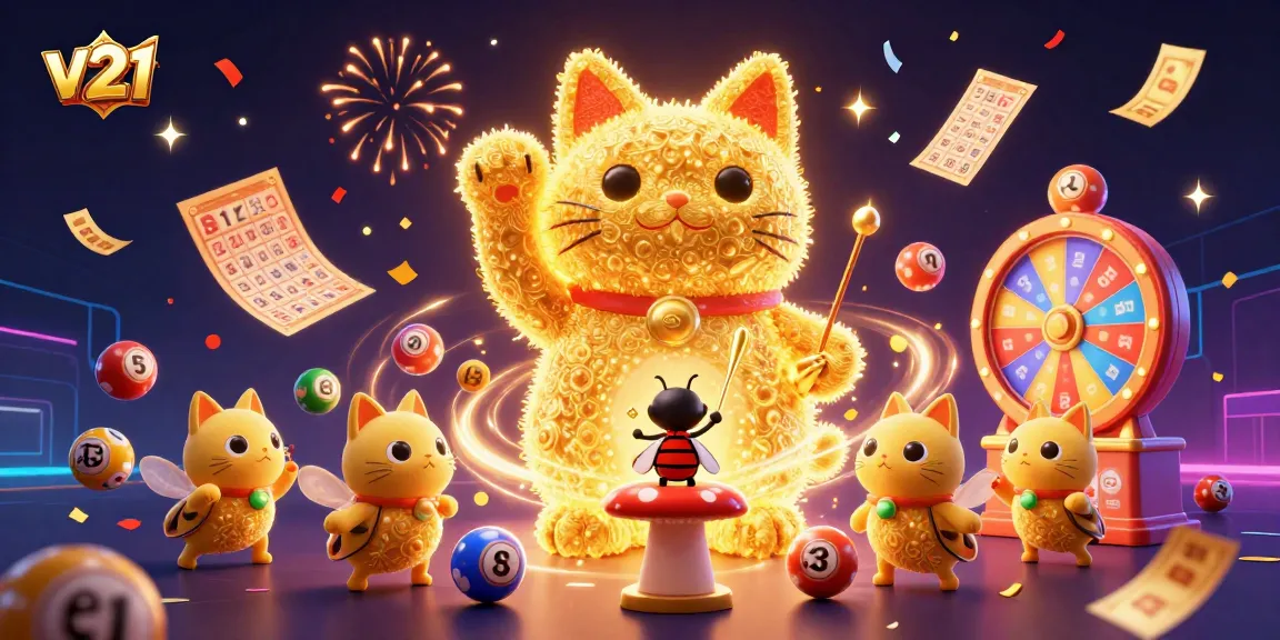 Permainan v21 dengan kucing keberuntungan yang menggerakkan simbol kasino dan bola lotere berwarna cerah di tengah penampilan yang meriah.