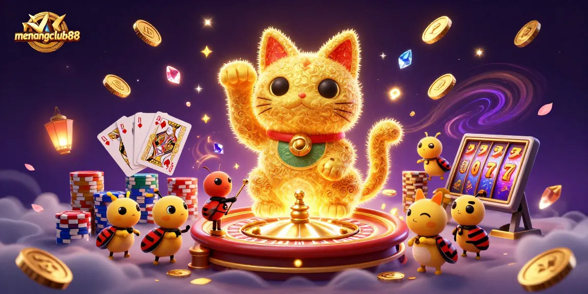 Feel the excitement at menangclub88 with a joyful lucky cat crafted from fireflies amid dazzling casino symbols.