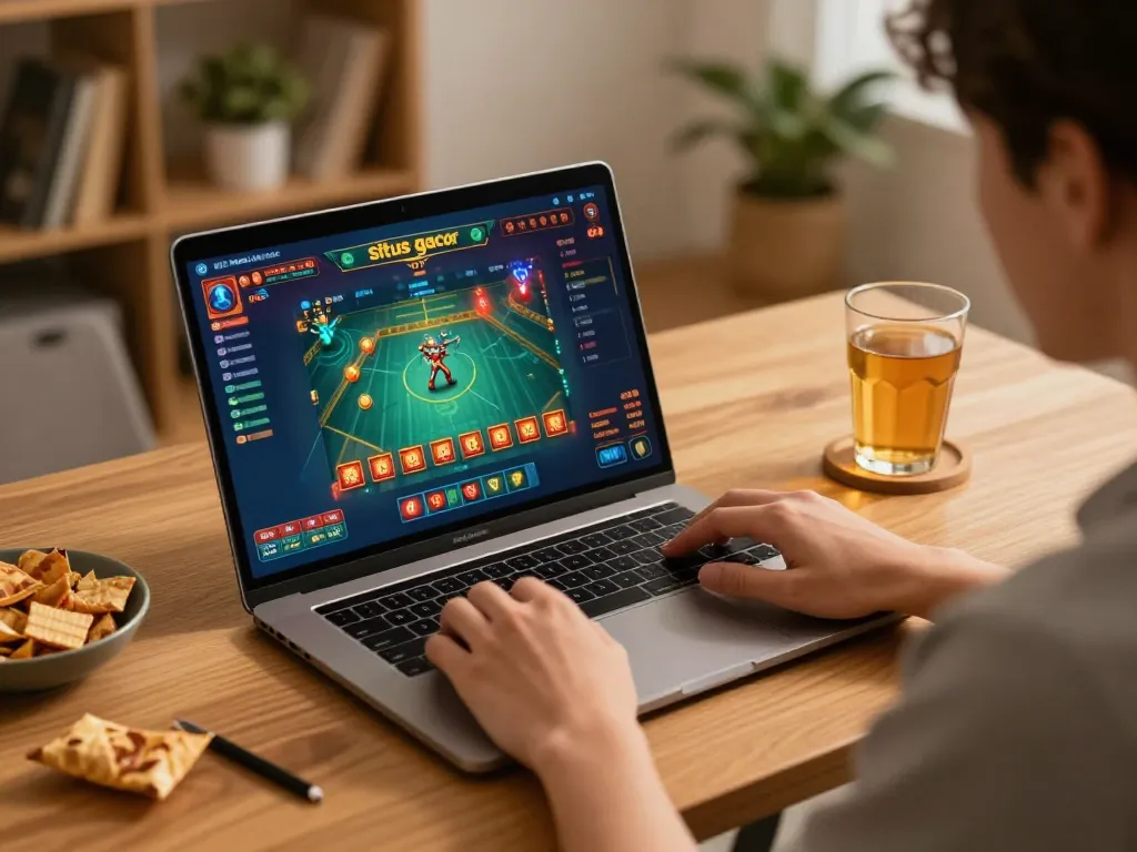 Engaging in a situs gacor online casino game at home, cozy atmosphere with modern desk setup.