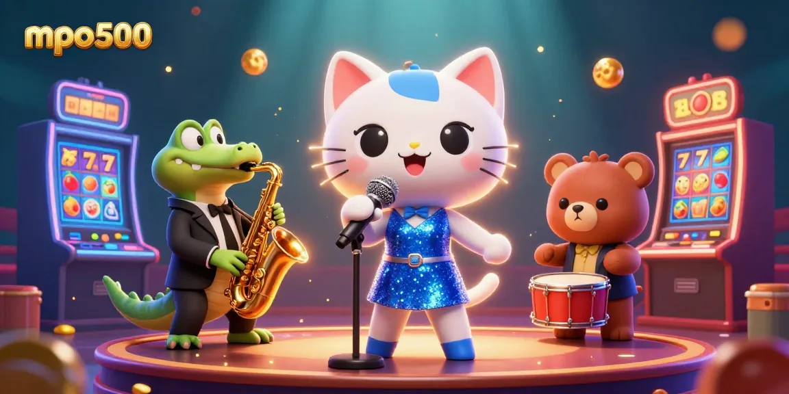 Engage with mpo500 as a jazz-singer cat leads a vibrant casino scene with colorful slot machines.