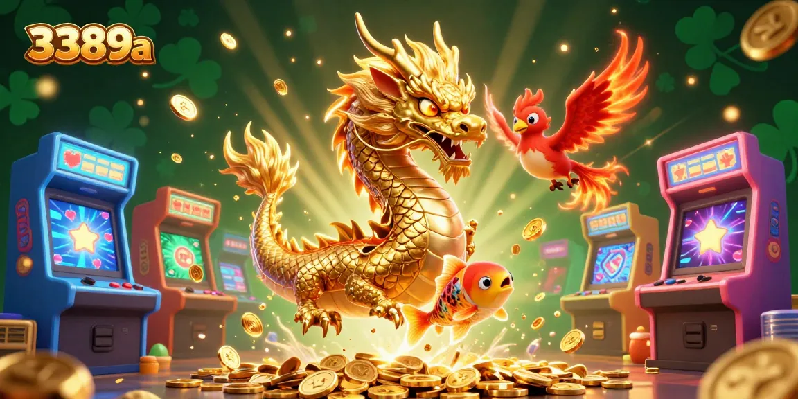 Engage with 3389a in this vibrant digital casino scene featuring mythical creatures and arcade games.
